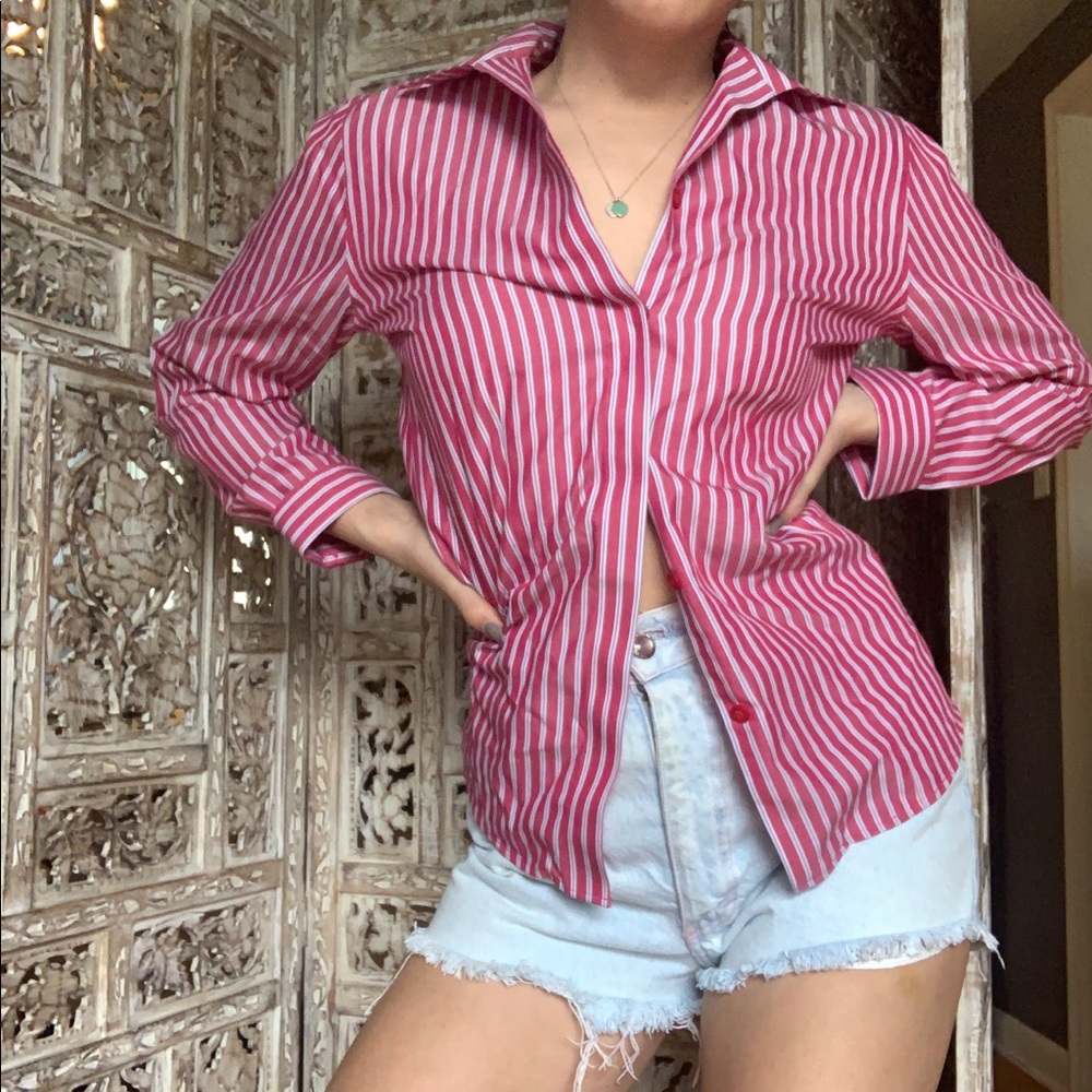 Red and white striped button down